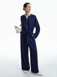 Aalyst Women's Linen-Like Casual Minimalist Vintage Coin Pattern Elastic Waist Long Sleeve Jumpsuit With Pockets, Early Autumn Fall Cloth For Women - Navy Blue - View 4