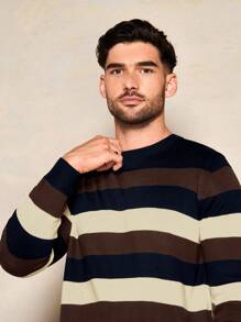 RueChic Men's Simple Striped Splice Round Neck Sweater - Camel - View 6