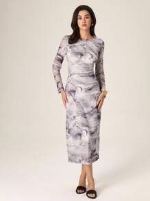 Modelyn French Design Waist Cinching Ink Print Bodycon Maxi Dress Fall Cloth For Women - Grey - View 3