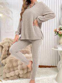 纯色纹理半扣女士家居服套装，秋冬服装，舒适套装