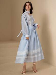 DAZY Conjunto de 2 piezas de blusa holgada de manga farol con cuello en V elegante y falda con parches de encaje, con bufanda, para primavera - Azul - Ver 5