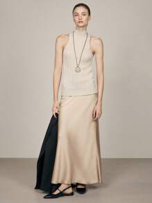 BizChic 2025 Autumn Women's Satin Waist Mermaid Hem Skirt, Business Casual Daily Commute Elegant Beach Resort Suitable For Wedding Guest, Brunch, Airport, 90s Retro Office - Champagne - View 7