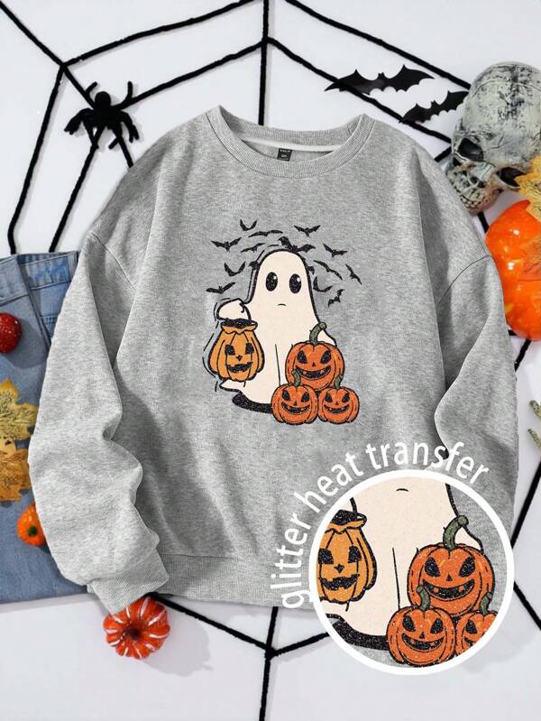 Manfinity Hypemode Halloween Glitter Pumpkin And Ghost Print Men's Cartoon Print Crew Neck Casual Long Sleeve Pullover Sweatshirt,Pumpkin & Ghost Graphic Cute  Sweatshirt ,Family, Couple Halloween Cosplay Party Wear,Autumn/Winter