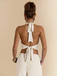 SHEIN BAE 2 件套女士纯色浅蓝色棉麻吊带背心和阔腿裤，棉麻套装，度假装 - 杏色 - 查看 5