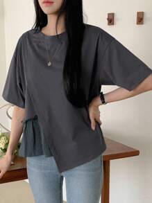 DAZY Women's Summer Solid Color Round Neck Drop Shoulder Casual T-Shirt With Ruffled Hem - Grey - View 6