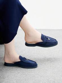 CUCCOO BIZCHIC 女士舒适绒面平底穆勒鞋一脚蹬，时尚休闲日常穿着户外散步工作办公室乐福鞋，蓝色 - 藍色 - 查看 2