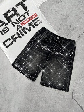 SHEIN Tween Boy Fashion Casual Y2k Vintage Cool Sparkling Letter Rhinestone Design Black Loose Denim Shorts For Kids Clothes Boy Costume Dailywear And Kids Fall And Autumn Or Winter Clothes Back To School Homecoming Rave Outfits Festival And Beach Outfits Streetwear School Clothes Rhinestone Shorts Sparkly Denim Shorts