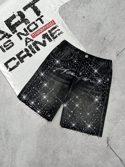 SHEIN Pantalones cortos de mezclilla negros holgados con diseño de letras con strass brillantes en estilo vintage y casual Y2K para niños y adolescentes, ropa informal y de diario, ropa de otoño e invierno, ropa de vuelta al colegio, ropa para homecoming, rave, festivales y playa, ropa de calle y de colegio