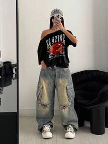 StreetHx Women's Summer Loose Asymmetrical Shoulder T-Shirt, Punk Street Chic Lip Print Black Short Sleeve Oversized Off Shoulder Tee - Black - View 1