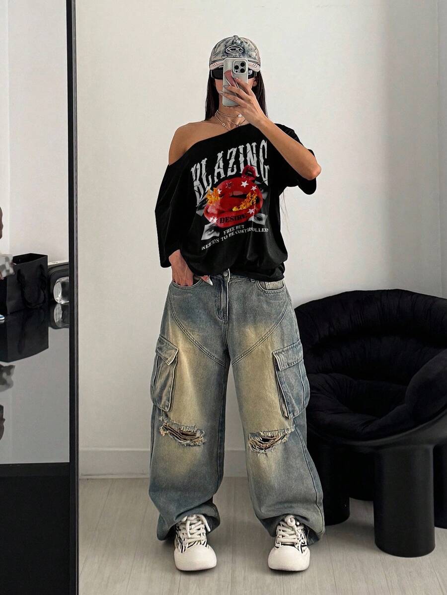 StreetHx Women's Summer Loose Asymmetrical Shoulder T-Shirt, Punk Street Chic Lip Print Black Short Sleeve Oversized Off Shoulder Tee - Black - View 1