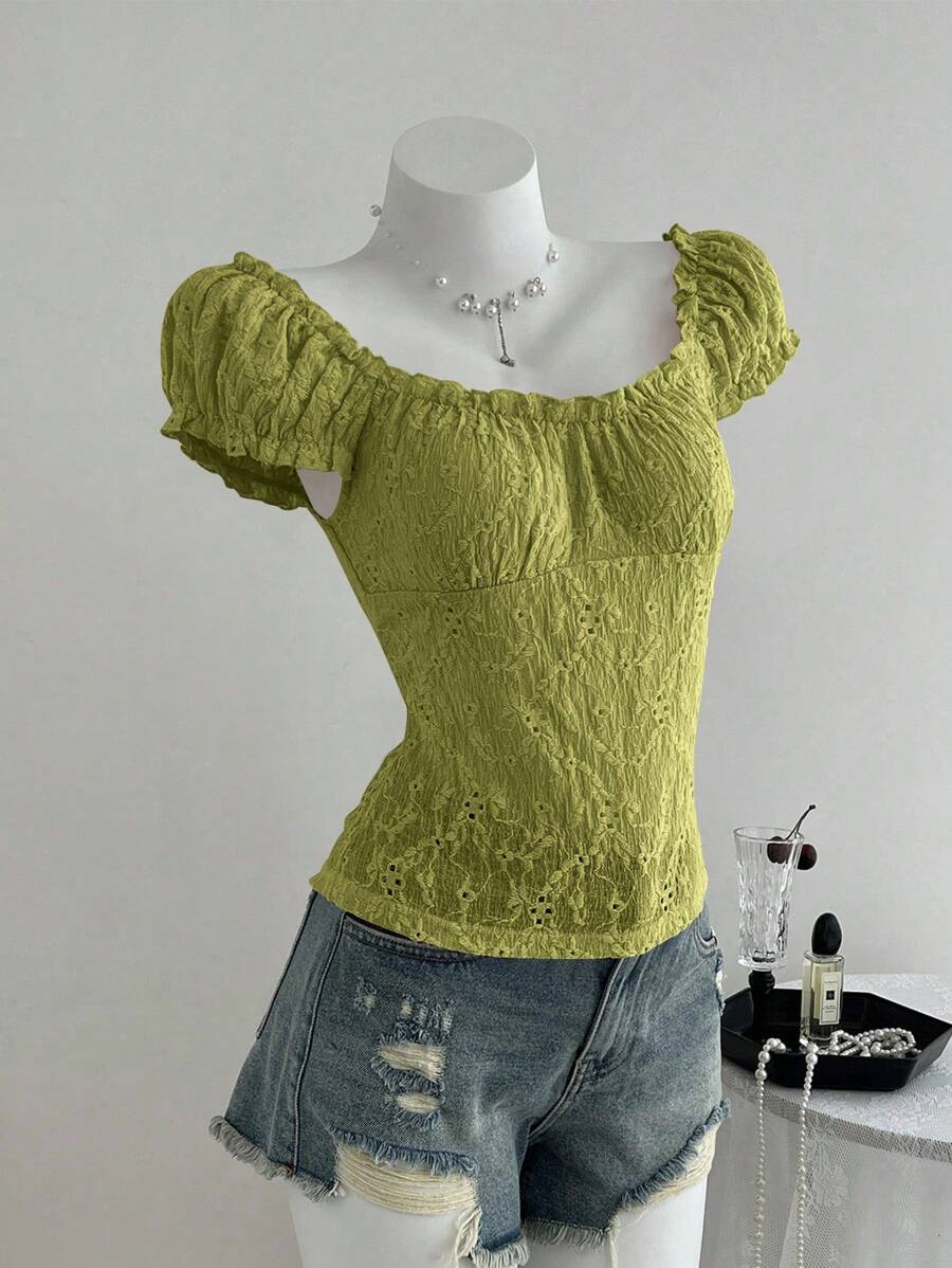 Elamini Camiseta ajustada de mujer con cuello cuadrado, mangas abullonadas y textura de jacquard, para primavera/verano - Verde - Ver 1