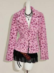 SHEIN ICON 女士新款秋冬豹纹翻领开衫兔毛外套，复古风 - 粉色 - 查看 4