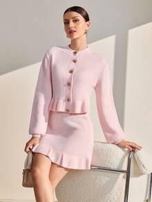 EURMUSE 女式不对称条纹针织设计灯笼袖针织毛衣开衫搭配罗纹针织细节直筒针织裙套装 - 藕粉色 - 查看 7