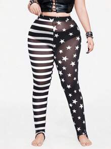 Whyspr Quần legging lưới co giãn họa tiết sọc ngôi sao phong cách Punk tương phản thời trang - Đen và trắng - Xem 3