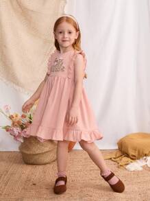 Blossori Young Girls' French Elegant Pink Floral Embroidered Ruffle Hem Sleeveless Dress, Spring/Summer - Pink - View 5