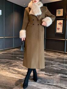 DAZY 女士长袖毛领大衣，修身剪裁，收腰设计，带口袋，双排扣，长款，秋冬款 - 棕色 - 查看 3