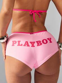 Missguided x Playboy Conjunto de bikini triangular con detalle de cordones, shorts tipo brasileño de corte alto para playa, piscina, descanso y uso de verano