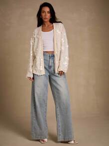 Glamine 优雅性感亮片休闲时尚百搭女式夹克亮片开衫白色亮片开衫女士亮片开衫亮片夹克万圣节婚礼宾客礼服 - 杏色 - 查看 4