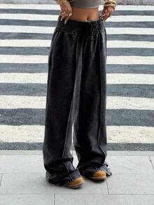 Muchica 女秋季新款高腰松紧腰运动阔腿裤（做旧黑灰）秋冬款适合日常出街穿 - 黑色 - 查看 4