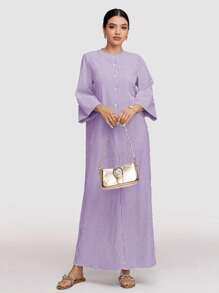 Veilorie 女式条纹纽扣前长休闲连衣裙，春秋季节，端庄的长裙，非常适合海滩/休闲/度假/家居服/返校和日常休闲穿着 - 紫色 - 查看 5