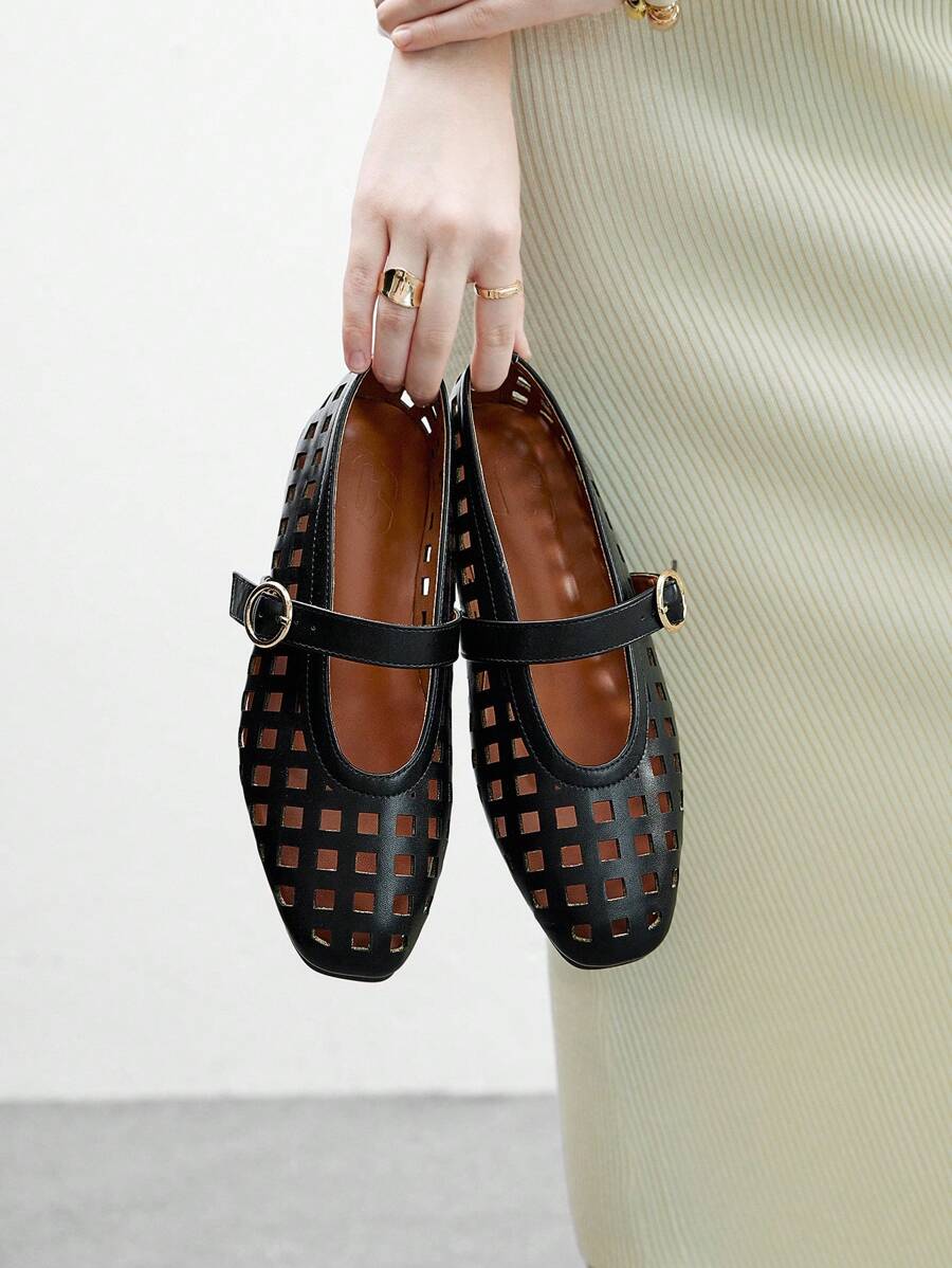 CUCCOO BIZCHIC 复古玛丽珍鞋，女士平底空心鞋，柔软舒适时尚，适合所有季节，秋冬 - 黑色 - 查看 1