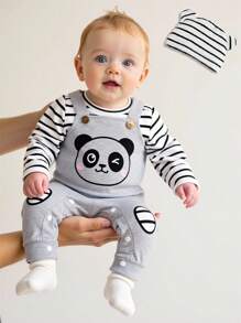 SHEIN 3件套婴儿/新生儿/幼儿男童舒适套装：条纹连体衣、灰色围兜裤、带可爱熊猫刺绣的条纹帽。休闲、舒适、时尚、简约、实用、多功能、柔软可爱，是送礼佳品，每个宝宝的必备单品。适合所有季节，秋冬季户外活动皆宜。