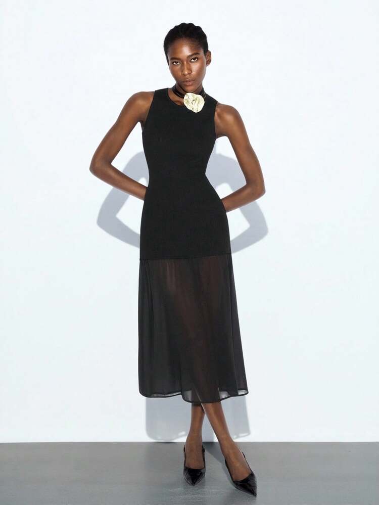 SHEIN Maija Women Solid Color Crew Neck Mesh Hem Sleeveless Knit Dress Black Dress Sheer Dress Black Sheer Midi Dress Mesh Dress Black Midi Dress,Modest Dresses For Women,Fall Women Clothes