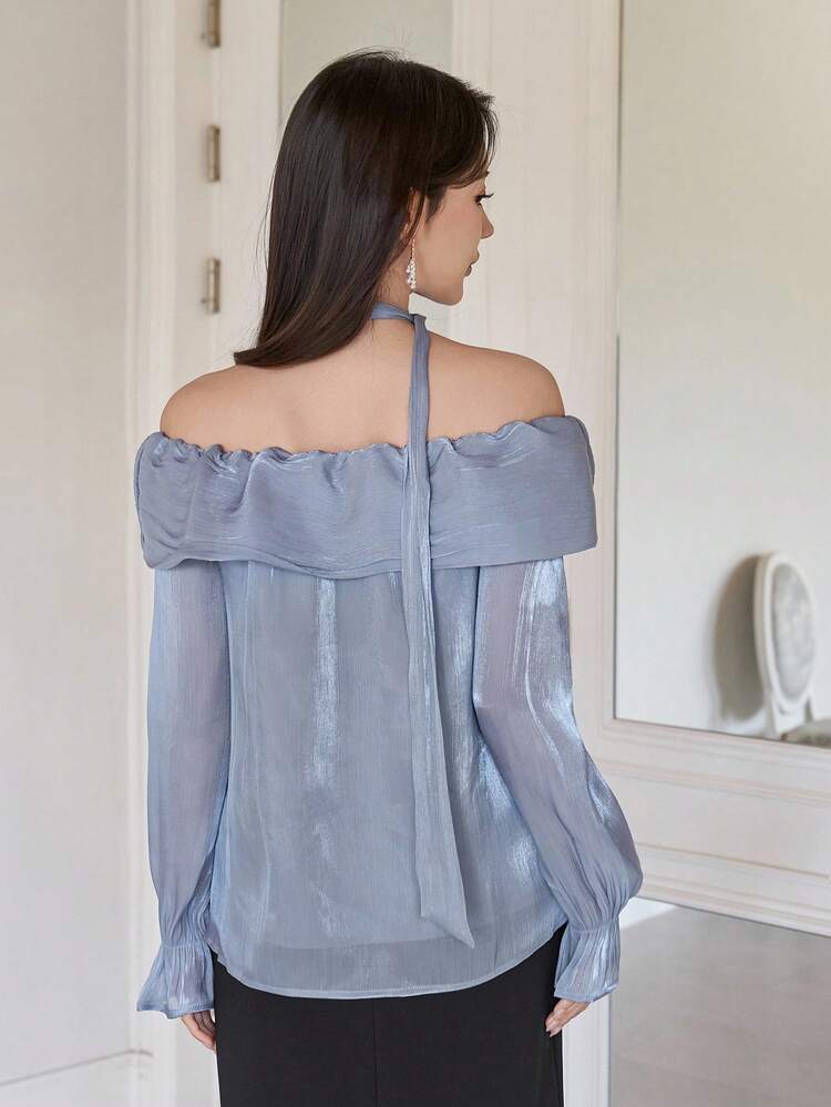 Women's Casual Loose Solid Color Long Sleeve Blouse (With Scarf)
