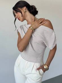 Firerie 女式纹理条纹不对称不对称领口蝙蝠袖T恤上衣，条纹女式衬衫，适合春夏秋季通勤优雅休闲日常工作穿着 - 杏色 - 查看 6