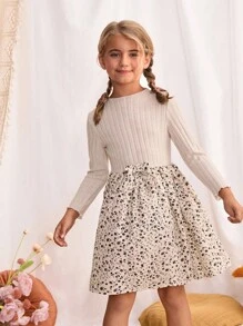Blossori Vestido de manga larga con parches de punto y estampado floral pequeño elegante francés para niñas jóvenes en color caqui - Multicolor - Ver 3
