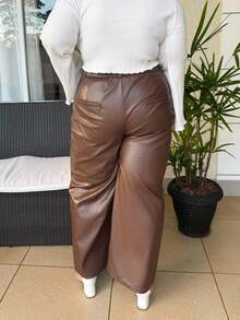 magalhaesca Black Solid Color Design Patchwork Side Pocket Faux Leather Straight Leg Pants, Plus Size, For Winter - Brown - View 4