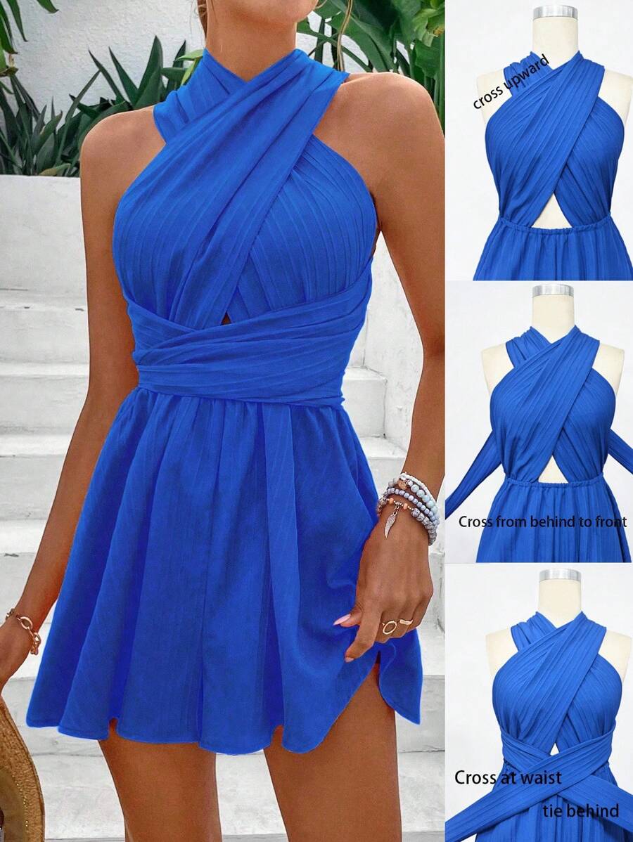 Breezaya 女式純色交叉露背頸帶連身褲 - 寶藍色 - 查看 1