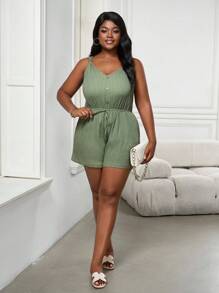 SHEIN PETITE CURVE 大码女式纯色纽扣设计休闲连体衣 - 軍綠色 - 查看 5