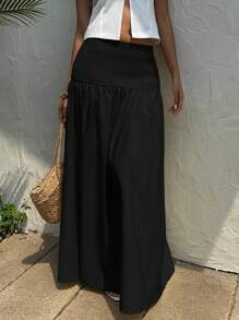 SHEIN EZwear 大码休闲宽松黑色长裙，夏季假日 - 黑色 - 查看 4