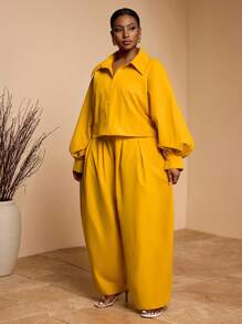 Veslaya 2025 春夏新款非洲波西米亚教师装大码/秋季女装/婚礼嘉宾/商务休闲女装/纽扣衬衫女装/音乐节休闲度假优雅海岛度假派对装通勤日常穿着纯黄色亚麻大码袖短款衬衫和松紧腰中长裤两件套大码女装 - 黃色 - 查看 3