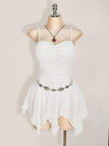 SHEIN ICON 大码女式纹理吊带背心不对称下摆连衣裙 - 白色 - 查看 3