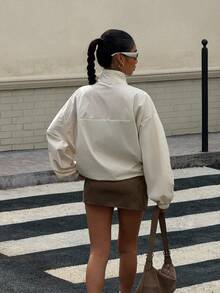 Muchica Women's Autumn New Solid Color Loose Zippered Shoulder Jacket, Suitable For Daily Street Wear - Beige - View 2