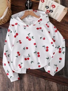 Tween Girls' Cute Cherry Print Loose Sweatshirt,White And Red Back-To-School Pullover,Autumn Long Sleeve Versatile Top For School Fall Winter - White - View 1