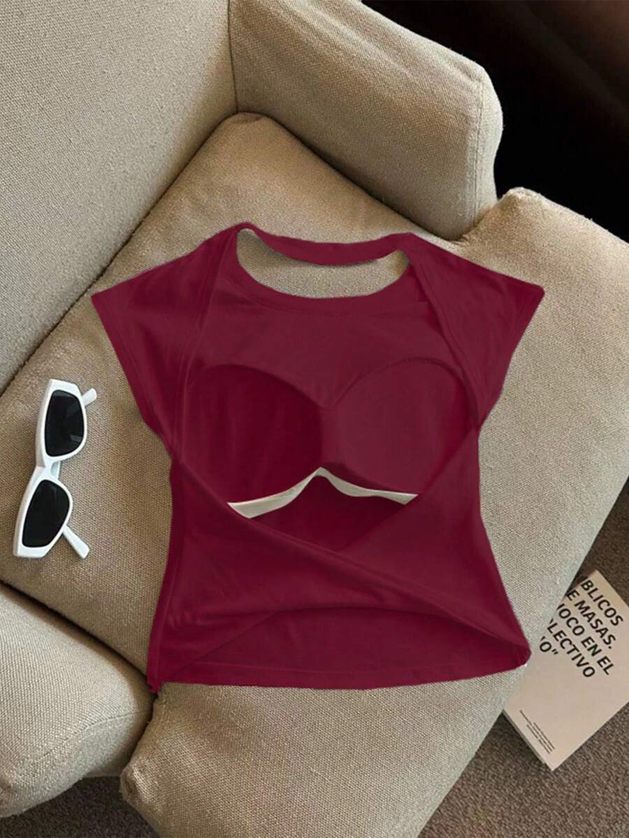 Women's Solid Color Backless Design Round Neck Casual Tank Top - Burgundy - View 1