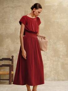 Aveloria 法式优雅无袖腰喇叭下摆连衣裙，通勤和度假风格