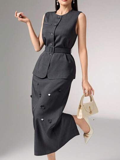 Heiryn 马甲手工3D碎花裙复古商务套装