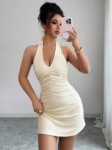 Chiquease Vestido con cuello en V, fruncido en la parte delantera, vestido con espalda descubierta y tirantes con lazo, vestido de cuello halter, vestido de verano, ropa para la universidad - Albaricoque - Ver 3