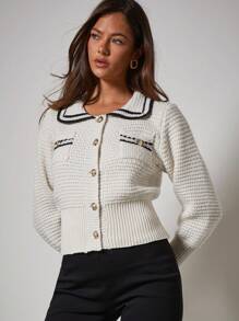 COSMINA Women's Contrast Color Striped Metal Button Thin Cardigan, Autumn/Winter - Black and White - View 5