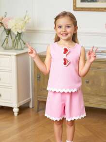 Elladie kids 女童纹理面料撞色下摆无袖上衣和休闲短裤T恤套装 - 粉色 - 查看 3