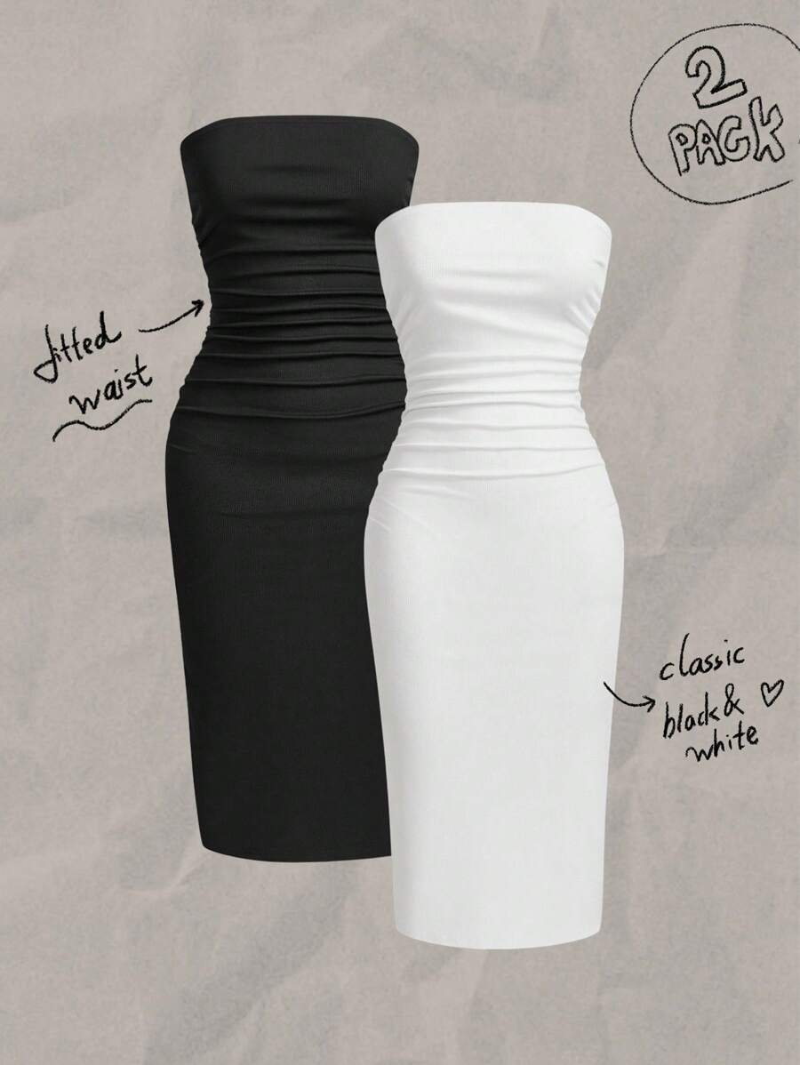 SHEIN EZwear Bộ 2 món váy midi bó sát, xẻ cao, nhún eo, thường ngày cho nữ, phù hợp cho mùa hè - Nhiều màu - Xem 1