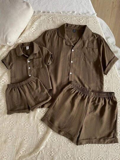 男士夏季睡衣套装，时尚休闲宽松翻领短袖衬衫和短裤两件套睡衣套装