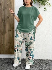 EMERY ROSE 2 件大码女士休闲浪漫绿色花卉印花宽松圆领短袖上衣和阔腿裤套装，适合夏季 - 彩色 - 查看 6