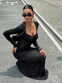 Siren Gaze Old Money Dress Date Night Dress Dresses For Wedding Guest Women's Black Lace Patchwork Fishtail Dress With Long Sleeves Solid Color Contrast Lace Long Sleeve Pleated Fitted Elegant Dress