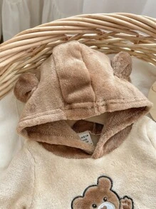 2pcs Baby Boy Cute Bear Pattern Embroidered Long Sleeve Pajamas Set With Long Pants, Soft & Comfortable Double-Sided Flannel Sleepwear Suit, For Autumn/Winter