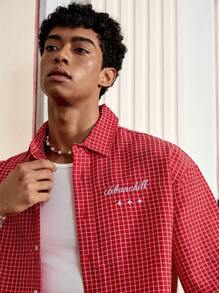 SWAVVY Men's Letter & Plaid Print Short Sleeve Casual Single-Breasted Shirt